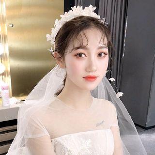 Wedding Set: Chiffon Leaf Headpiece + Dangle Earring As Shown In Figure - One Size