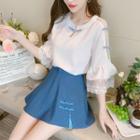 Elbow-sleeve Lace Trim Blouse / Mini A-line Skirt / Set