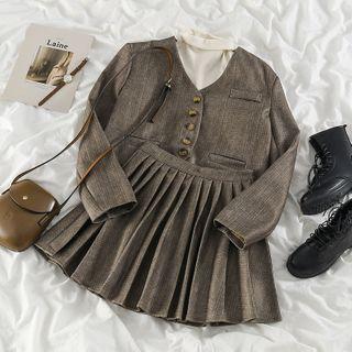Cropped Button Jacket / Pleated Mini A-line Skirt