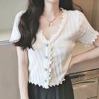 Wood Ear Trim Short-sleeve Flower Buttoned Knit Top