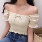 Shirred Trim Off-shoulder Crop Short-sleeve Top As Shown In Figure - One Size