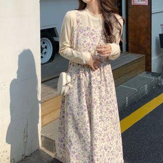 Floral Print Midi Overall Dress Dress - Purple - One Size