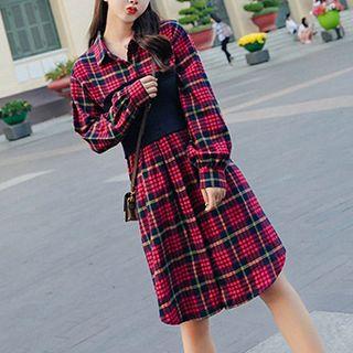 Plaid Mock Two-piece Shirtdress