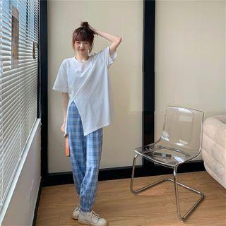 Slit Short-sleeve T-shirt / Plaid Harem Pants