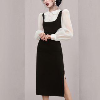Mock Two-piece Long-sleeve Two-tone Panel Slit Midi A-line Dress