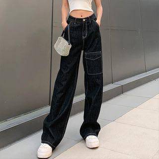 High-waist Stitch Pocket-detail Straight-cut Pants