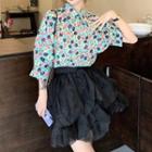 2/4-sleeve Floral Print Shirt / Mini A-line Skirt