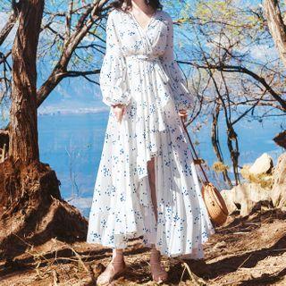 Long-sleeve Floral Print High Low A-line Dress