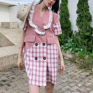 Elbow-sleeve Ruffled Plaid Panel Mini Blazer Dress