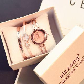 Set: Retro Bracelet Watch + Rhinestone Clover Bangle + Lettering Bangle