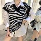 Zebra-print Knit Vest / Plain Blouse