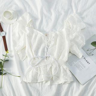 Eyelet Lace Gathered-waist Short-sleeve Blouse