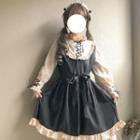 Set: Ruffle Trim Long-sleeve A-line Dress + Lace Hairband With Lace Hairband - Dress - Black - One Size