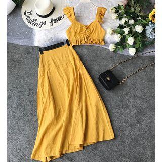 Set: Ruffle Strap Crop Top + A-line Long Skirt