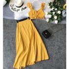 Set: Ruffle Strap Crop Top + A-line Long Skirt