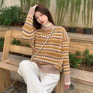 Mock-neck Color-block Printed Oversize Sweater