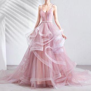 Faux Pearl Spaghetti Strap A-line Evening Gown