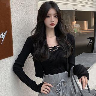 High-waist Lace-up Jogger Pants / Knit Camisole Top / Cropped Cardigan