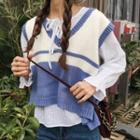 Tie-neck Blouse / Color Block Cropped Knit Vest