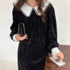 Long-sleeve Doll Collar Lace Panel Velvet Dress Black - One Size