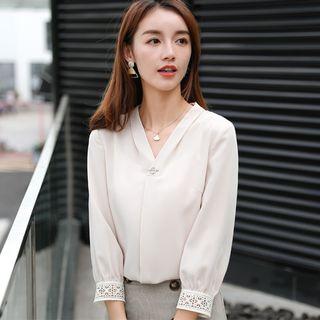 Crochet Lace-trim 3/4-sleeve Chiffon Blouse