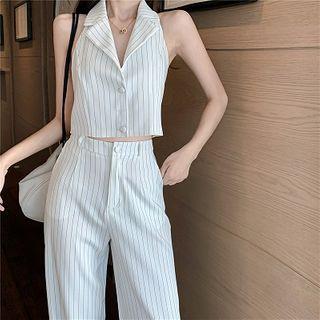 Halter Off-shoulder Cropped Blazer Top / Wide-leg Blazer Pants