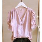 Shirred Short-sleeve V-neck Blouse