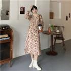 Long-sleeve Floral Midi A-line Dress / Lace Top