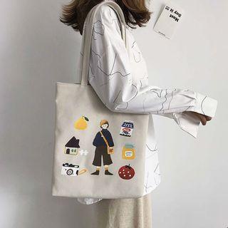 Cartoon Print Canvas Shopper Bag Off-white - One Size