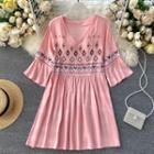 Embroidered Flared-sleeve Dress
