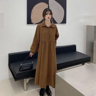 Long-sleeve Collared Button-up Midi Dress