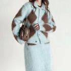 Two-tone Patterned Cardigan / Knit Mini A-line Skirt / Set