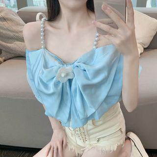 Bow-accent Faux-pearl Strap Top