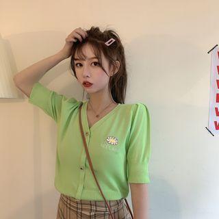 Short-sleeve Embroidered Buttoned Knit Top