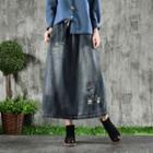 Embroidered Midi Drawstring Denim Skirt Monochrome - One Size