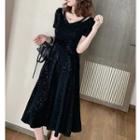 Short-sleeve V-neck Cutout Midi A-line Dress