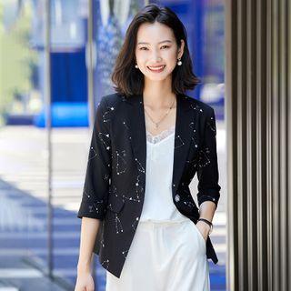 Elbow-sleeve Print Single-button Blazer