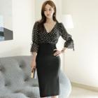 Mock Two-piece Dotted Flared-sleeve Sheath Dress