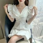Puff-sleeve V-neck Bow-accent Dress