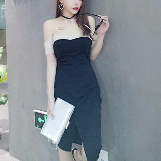 Two-tone Off-shoulder Midi Sheath Dress
