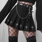 Cross Embroidered Mini A-line Pleated Skirt / Grommet Belt