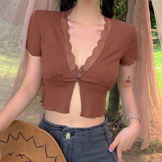 Short-sleeve Lace-trim Crop Top