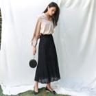 Band-waist Glittered Pleated Skirt Black - One Size