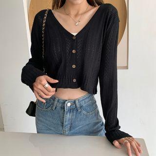 Cropped Pointelle Knit V-neck Cardigan