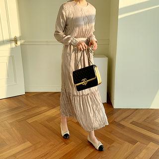 Gathered Crinkled Maxi Dress & Sash Beige - One Size