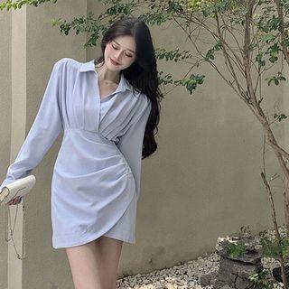 Shirred-trim Mini Shirtdress Sky Blue - One Size
