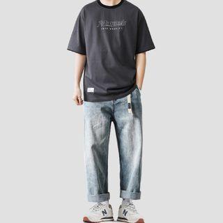 Short-sleeve Lettering T-shirt / Washed Straight Leg Jeans
