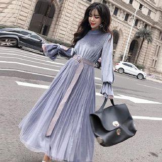 Plain Velvet Mesh Panel Long-sleeve Dress