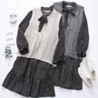 Set: Long-sleeve Tie-neck Check A-line Dress + Cable Knit Sweater Vest