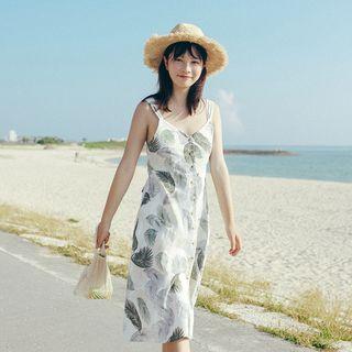 Leaf Print Spaghetti-strap Open Back Sundress White - One Size